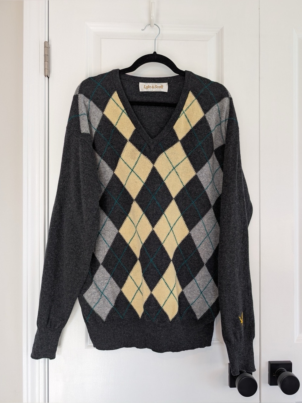 Lyle & Scott Lambswool V-Neck Argyle Sweater Made in Scotland Charcoal Yellow